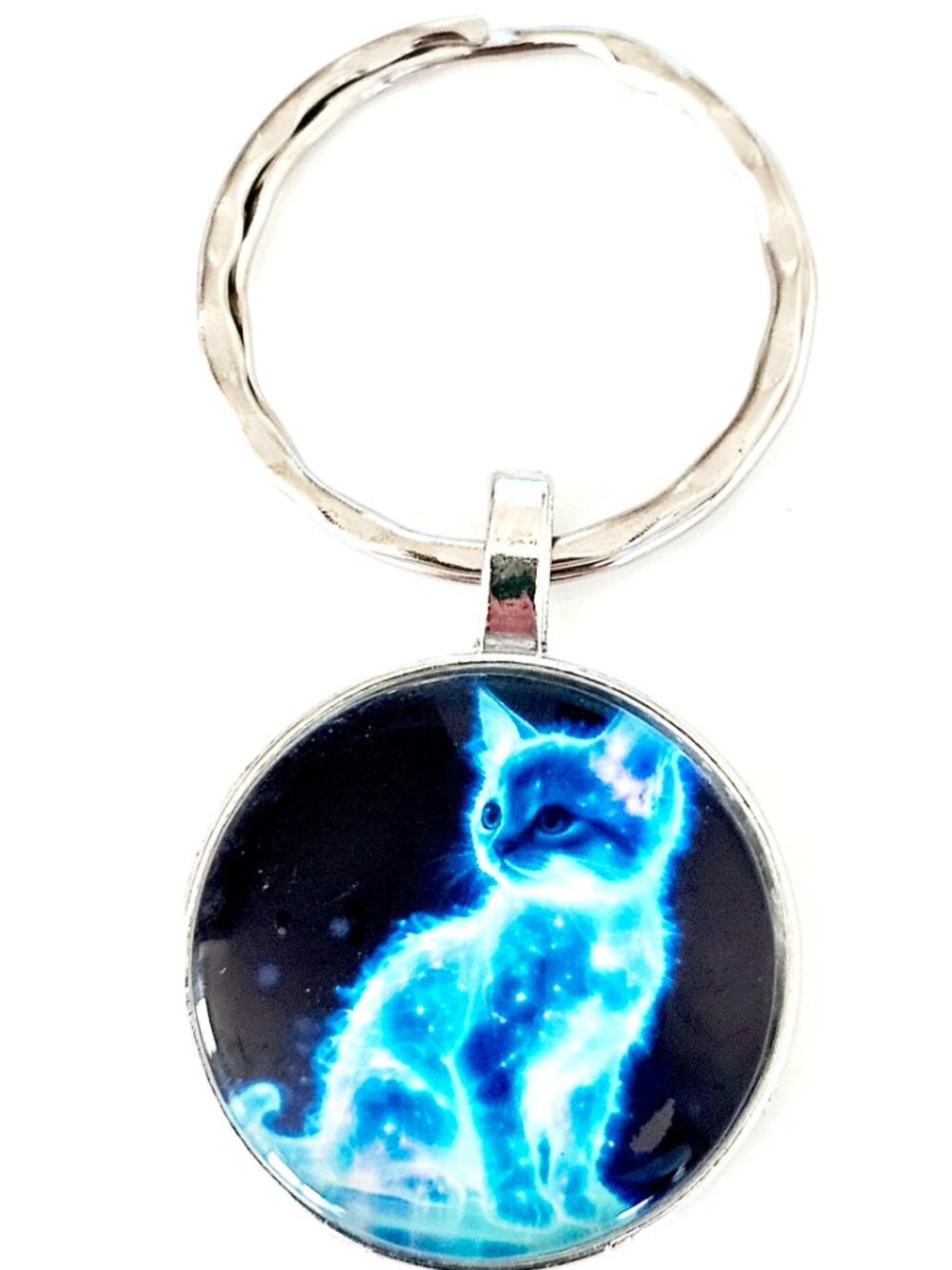 Glowing Blue Cat Keychain Galaxy Cosmic Space Kitty Aesthetic Gift Pet Lover